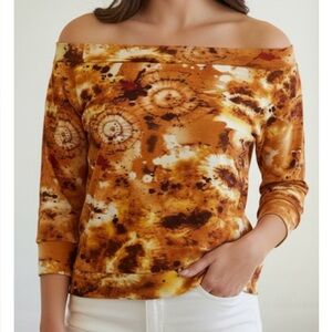 COLDESINA Tye Dye Stevey Off the ShoulderTop, Women’s L, Orange